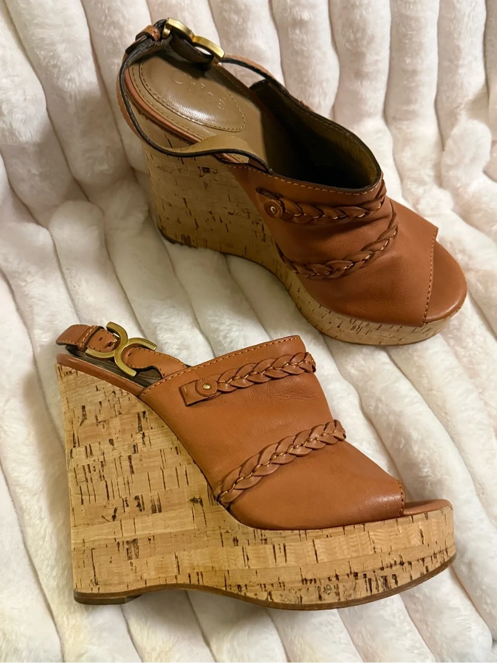 Chloe Brown Leather Cork Wedge Sandals with Braided Straps